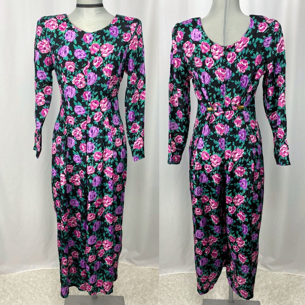 Vintage 90s black grunge floral long sleeve wide leg jumpsuit small - Picture 4 of 6